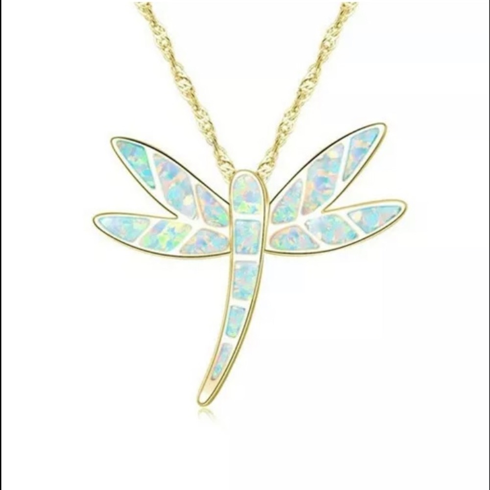 BRAND NEW 18KT GOLD WHITE OPAL DRAGONFLY NECKLACE